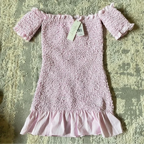 NWT Petersyn Revolve Diana Smocked Off The Shoulder Ruffle Pink Dress Women's M - Picture 3 of 8